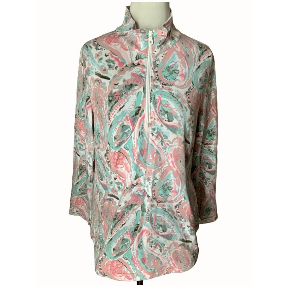 Talbots Top Pastel Paisley Print Long Sleeve Quarter Zip Kangaroo Pouch Medium